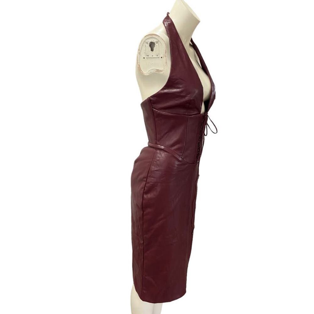 House of CB Jaquetta Vegan Leather Halter Midi Dress Wine Medium NW - Picture 6 of 8